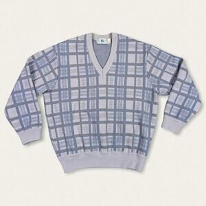 Vintage Wool grandpa sweater grid pattern v neck Size medium